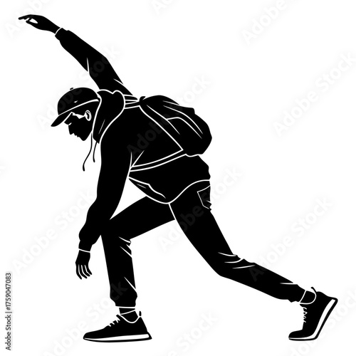 Silhouette of a person stretching with a backpack and baseball cap