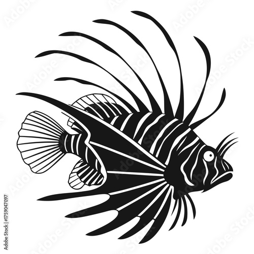 Stylized black and white illustration of a lionfish