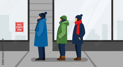 Vector illustration of people in winter coats waiting in line for a store sale. Shoppers queuing on a city sidewalk for seasonal discounts