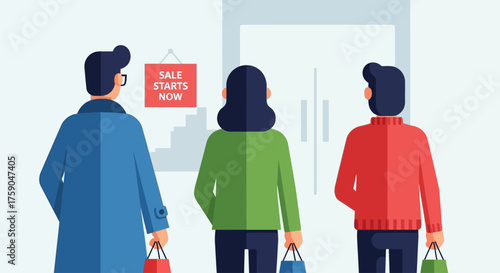 Vector illustration of shoppers with bags seen from behind, entering a store entrance for a big promotion with a 'Sale Starts Now' sign