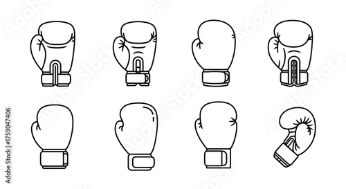 A versatile set of boxing glove icons rendered in a clean, minimalist outline style. Vector illustrations perfect for sports, fitness, and combat-themed designs