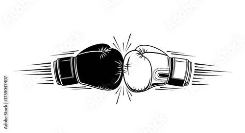 Dynamic clash of black and white boxing gloves in a powerful graphic emblem, representing sports combat and rivalry