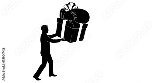 A simple silhouette illustration of a man carrying a very large gift box, a symbolic gesture of generosity, surprise, and celebration