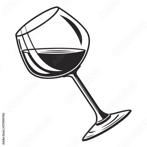 Stylized black and white illustration of a wine glass filled with red wine