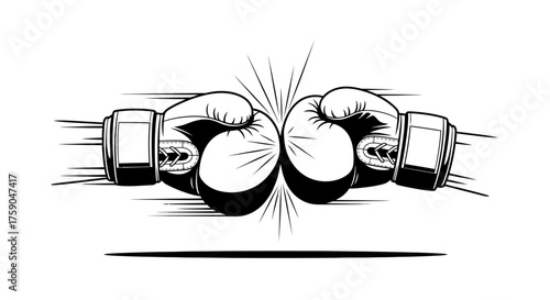 Dynamic illustration of two boxing gloves clashing in a powerful punch, a monochrome emblem for sports competition and fighting concepts isolated on white