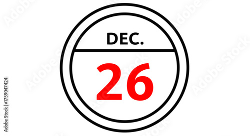 Simple calendar page icon with the date December 26 highlighted in red. A clean vector graphic representing a specific day, holiday, or schedule