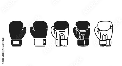 Collection of boxing glove icons in a simple black silhouette style. Vector set for combat sports, fighting, and fitness design