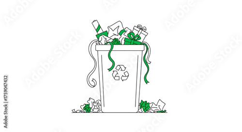 A simple line drawing of a recycling bin overflowing with discarded holiday gifts and wrapping paper, representing post-celebration waste and environmental consciousness