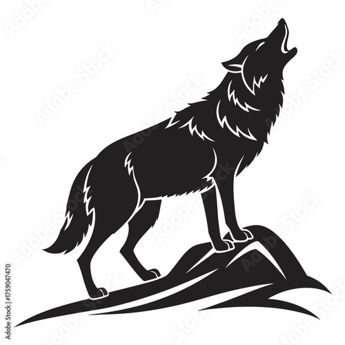 Black silhouette of a wolf howling on a rocky outcrop