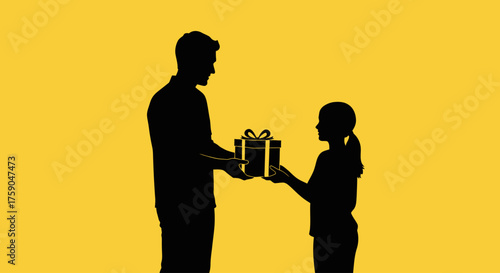 Silhouette illustration of a caring father presenting a surprise present to his little girl, a beautiful gesture of love and generosity