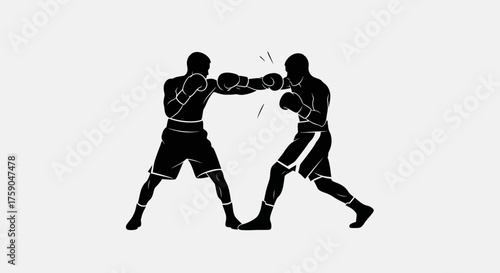 Minimalist black silhouette vector illustration of two professional boxers in combat, capturing the dynamic impact of a powerful punch