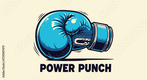 A bold and energetic illustration of a blue boxing glove, representing the force and impact of a powerful strike in combat sports
