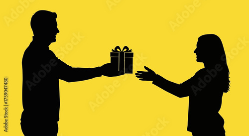 Silhouette of a man giving a beautifully wrapped gift box with a bow to a woman against a solid yellow background