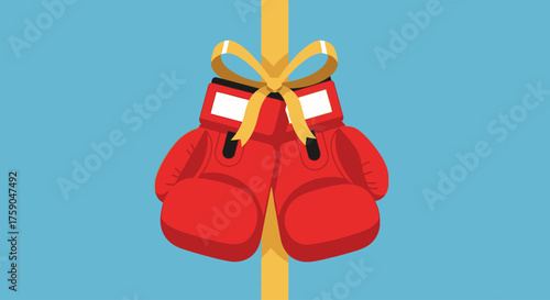 A vector illustration of a pair of red boxing gloves hanging up by a yellow ribbon, a symbolic concept for retirement, quitting, or ending a competition