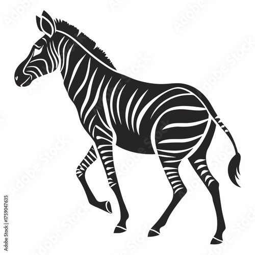 Stylized black and white zebra silhouette in motion