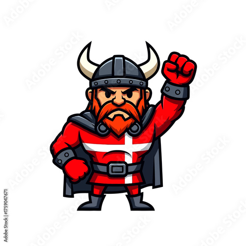 Illustration of a stylized Viking warrior wearing a helmet and a cape, holding a clenched fist in the air, inspired by Danish culture and symbolism