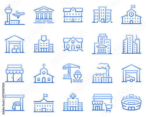 Simple Set of Buildings Related Vector Line Icons. Contains such Icons as Church, Sport Stadium, Medical Hospital and more.	