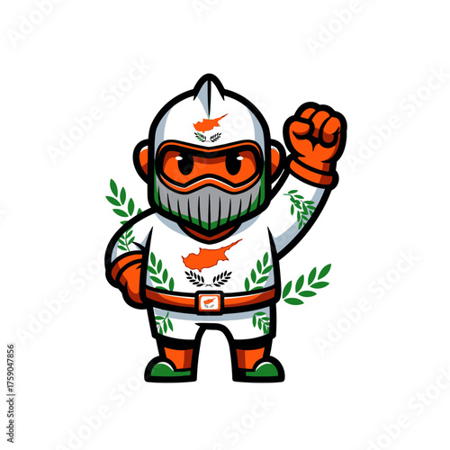 A stylized illustration of a patriotic figure wearing a helmet and uniform adorned with the flag of Cyprus