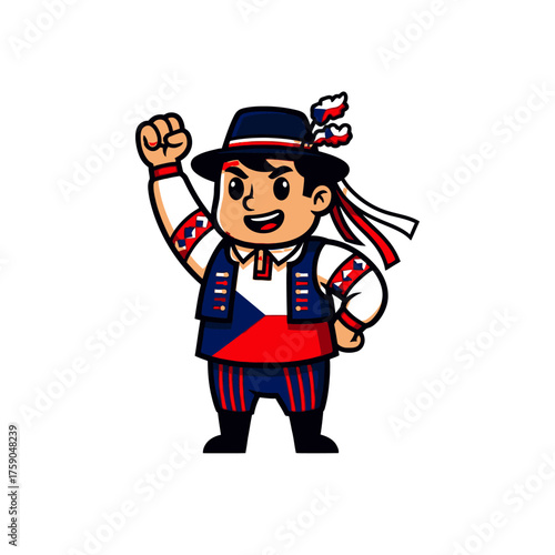Vibrant Czech Folk Mascot Icon Representing Cultural Heritage and National Pride with a Triumphant Gesture