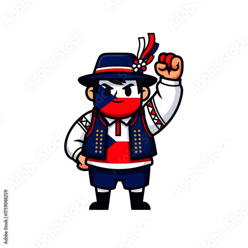 Czech Character Icon with National Colors, Traditional Costume and Raised Fist