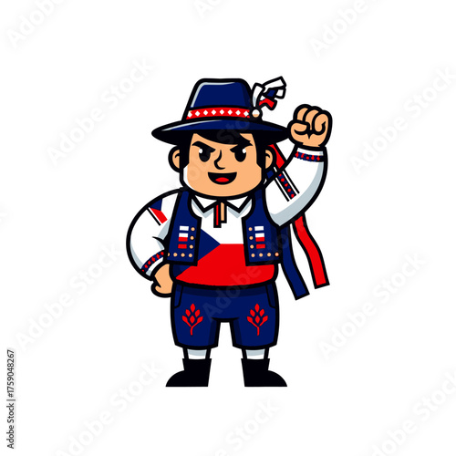 Proud Czech Folk Character Icon in Traditional Attire with Raised Fist, Symbolizing National Strength and Cultural Spirit