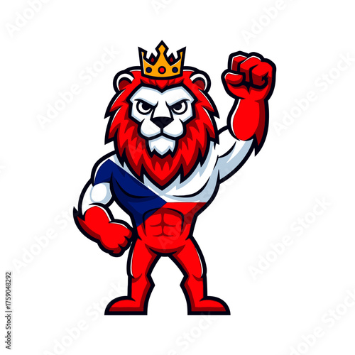 Czech Lion Mascot with Crown and Raised Fist Patriotism and Strength Symbol