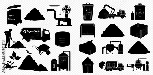 Silhouetted icons depicting organic waste management and composting processes.