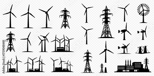 Silhouetted wind turbines, power lines, and a factory illustrate energy production and distribution.