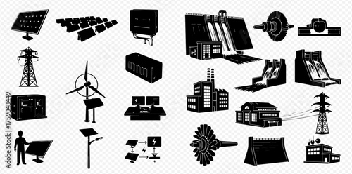 Monochrome illustration showcasing various energy production methods, including solar, wind, hydro, and nuclear power generation.