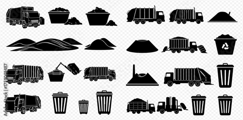 Silhouetted garbage trucks, trash cans, and piles of waste on a transparent background.