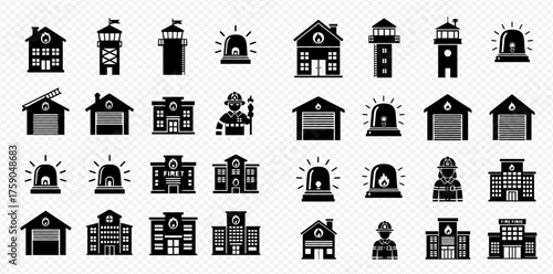 A collection of black and white fire station and emergency service icons.