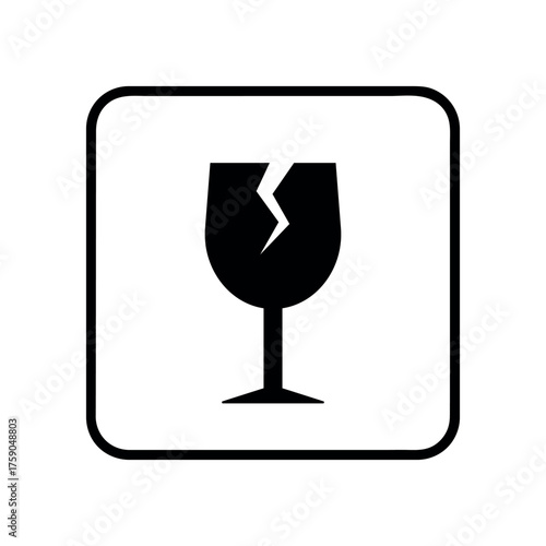fragile packaging symbol, broken glass black sign, vector icon