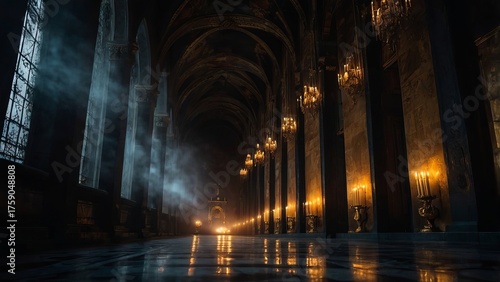 Cathedral nave at night with rows of candles, polished marble floor reflecting warm light, soaring vaulted arches and symmetrical columns leading the eye to a glowing distant altar.
