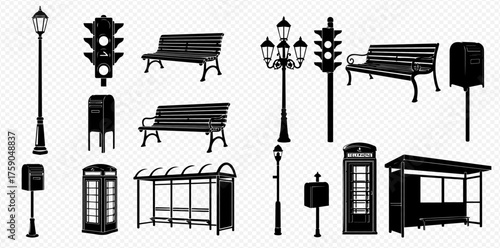 A collection of street furniture including benches, bus stops, phone booths, and traffic lights in silhouette.