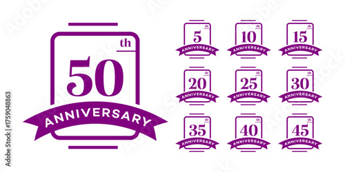 Anniversary Badges 5, 10, 15, 20, 25, 30, 35, 40, 45, 50  Purple Vector Collection