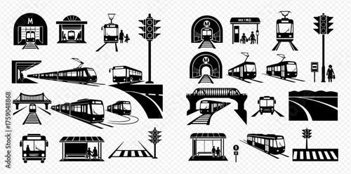 Black and white transportation icons including trains, buses, and traffic signals.