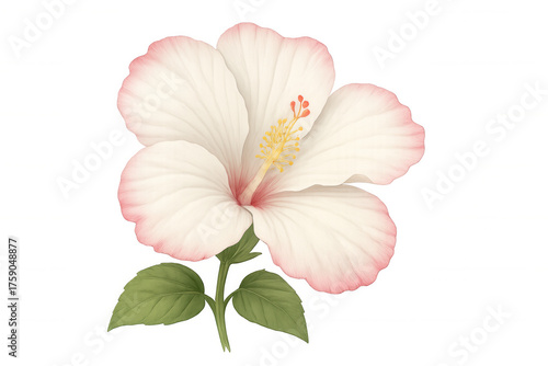 Hibiscus flower white pink petals botanical illustration, vintage tropical nature blooming plant, transparent background