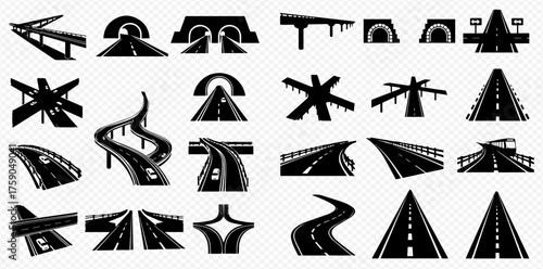 Black and white vector illustration of various road and highway designs.