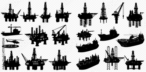 Silhouetted offshore oil and gas platforms and support vessels against a transparent background.