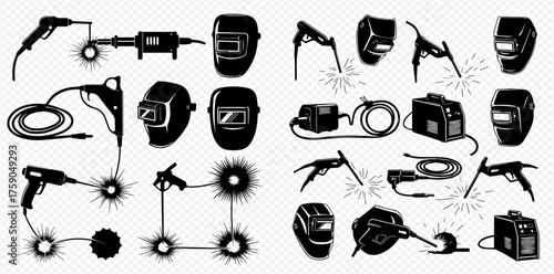 A collection of welding equipment and masks in black and white, arranged in a grid pattern.