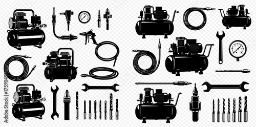 Air compressors and tools in black and white illustration.