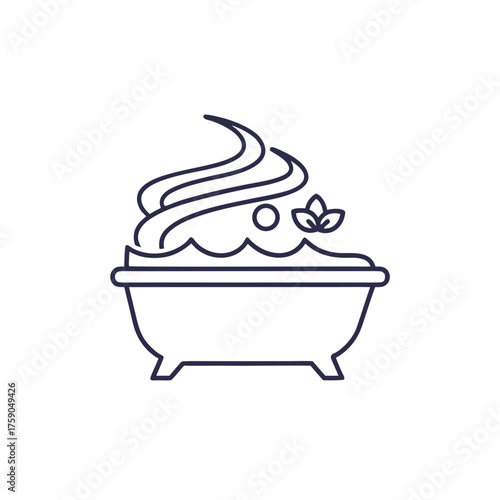 Scented bath with foam and leaf in minimalist line art style  