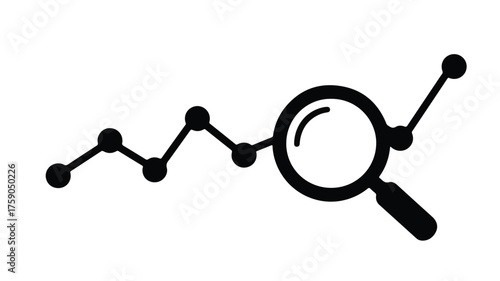 Magnifying glass examining a fluctuating data graph, symbolizing analysis and trends.