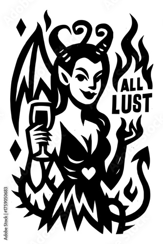 Provocative succubus woman with wine offers dark temptation and sinful pleasure for bold designs and edgy statements