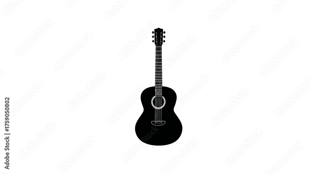 Naklejka premium Black acoustic guitar silhouette on white background, classic musical string instrument vector icon, music symbol graphic.