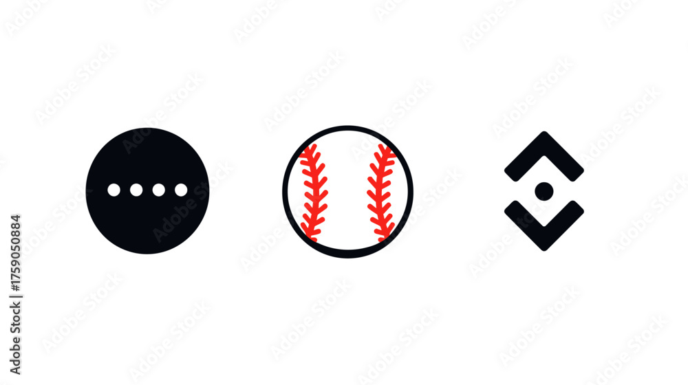 Obraz premium Modern minimalist set of user interface (UI) icons, including a baseball, an ellipsis for 'more options,' and an up-down arrow for sorting or expand/collapse on white background.