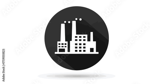 Modern flat design factory icon with smokestacks on a dark circle. Industrial plant illustration for business, production, energy, and pollution.