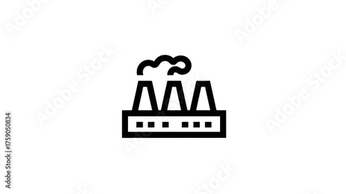 Modern industrial factory building outline icon with smokestacks emitting smoke, symbolizing manufacturing, production, and environmental impact