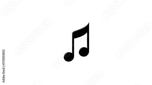 Black eighth music note graphic icon, representing melody, rhythm, and sound. Simple isolated musical symbol.