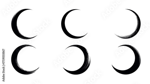 Artistic Black Crescent Moon Illustrations Set with Grunge Brush Stroke Texture. Celestial Abstract Design Elements.